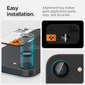 AGL09279 - iPhone 16e Optik Pro EZ Fit Lens Protector in Black showing the easy installation. Alignment tray makes glass application quick, easy and accrate