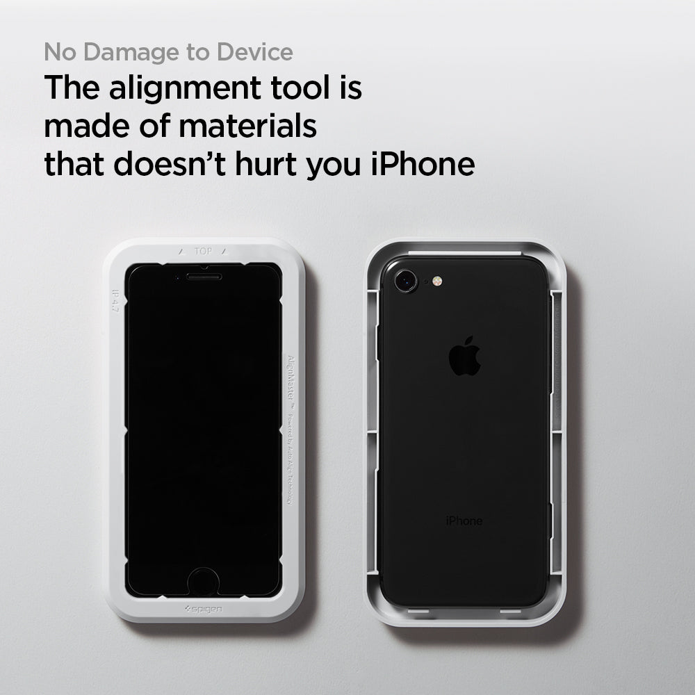 AGL01867 - iPhone SE Series Alignmaster Full Cover Screen Protector showing the alignment tool is made of materials that doesn't hurt your iPhone. To damage to the device