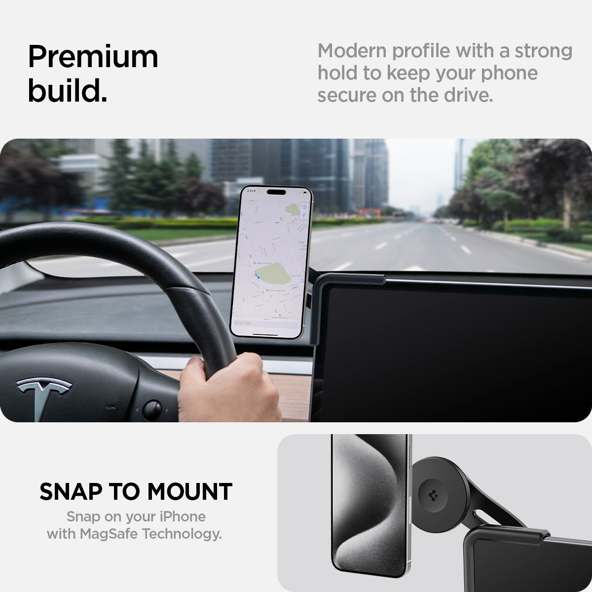 ACP07869 - Tesla Models OneTap Screen Car Mount ITLST90 (MagFit) modern profile with a strong hold to keep your phone secure on the drive. Snap to mount snap on your iPhone with magsafe technology.