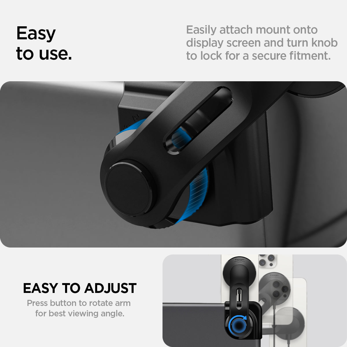 ACP07869 - Tesla Models OneTap Screen Car Mount ITLST90 (MagFit) is easy to use. Easily attach mount ontodisplay screen and turn knob to lock for a secure fitment. Showing how easy to adjust. Just press button to rotate arm for best viewing angle.