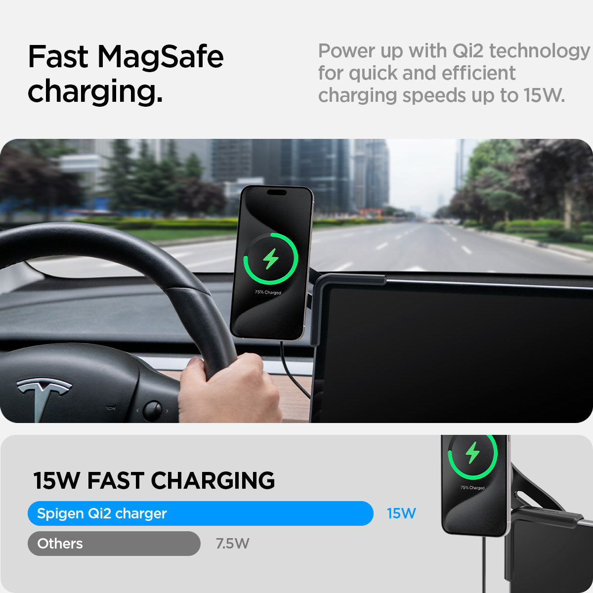 ACP07870 - Tesla Tap Pro Lock Wireless Car Mount ITLST90W in Black showing the fast magsafe charging, power u with Qi2 technology for quick and efficient charging speeds up to 15W
Snap to Mount - snap on your iPhone with magsafe technology