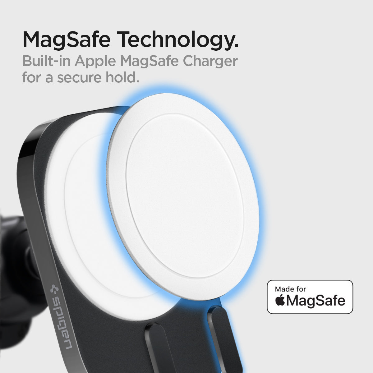 ACP03694 - OneTap Pro 3 Air Vent Car Mount ITM12W (MagFit) showing the MagSafe Technology. Built-in Apple MagSafe Charger for a secure hold. MagSafe detached from a car mount head