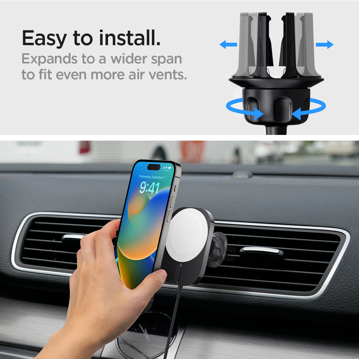 ACP03694 - OneTap Pro 3 Air Vent Car Mount ITM12W (MagFit) showing the Easy to install. Expands to a wider span to fit even more air vents. A man holding a device attaching it to the car mount