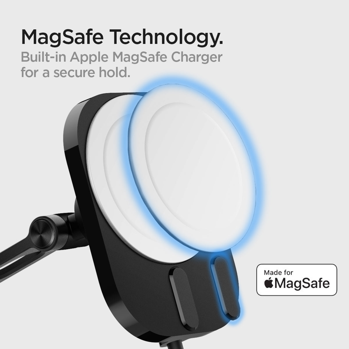 ACP03695 - OneTap Pro 3 Dashboard Car Mount ITM35W (MagFit) showing the MagSafe Technology. Built-in Apple Magsafe Charger for a secure hold. A magnetic ring hovering above a car mount plate