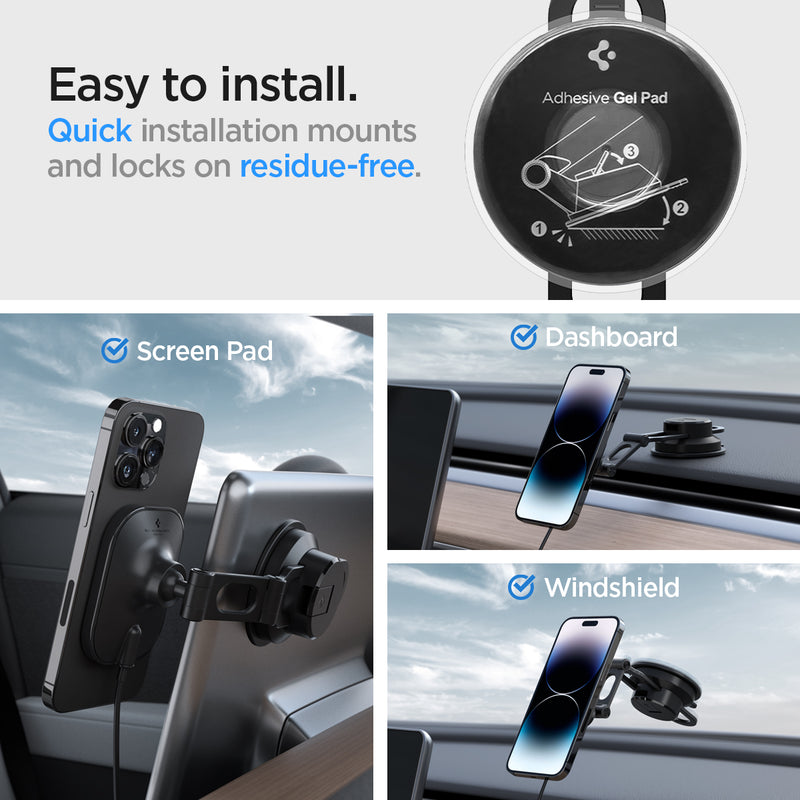 ACP03695 - OneTap Pro 3 Dashboard Car Mount ITM35W (MagFit) showing the Easy to install. Quick installation mounts and locks on residue-free. Can be attached to a screen pad, dashboard, and windshield