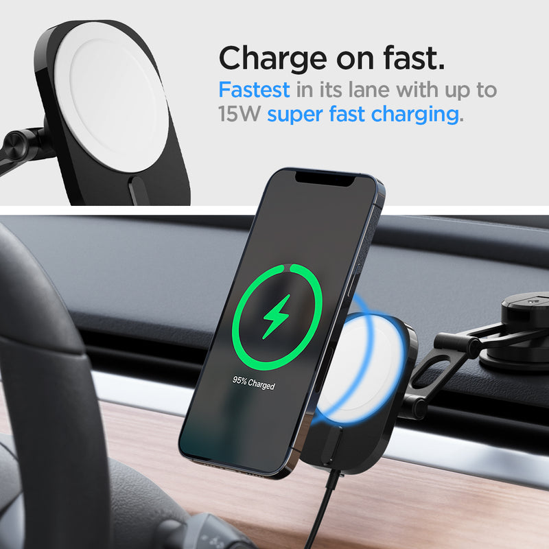 ACP03695 - OneTap Pro 3 Dashboard Car Mount ITM35W (MagFit) showing the Charge on fast. Fastest in its lane with up to 15W super fast charging.