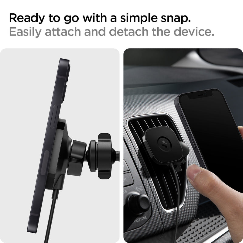 ACP02615 - OneTap Pro Air Vent Car Mount ITS12W (MagFit) showing the Ready to go with a simple snap. Easily attach and detach the device. A device attached to a car mount in side angle and man holding a device attaching/detaching from a car mount