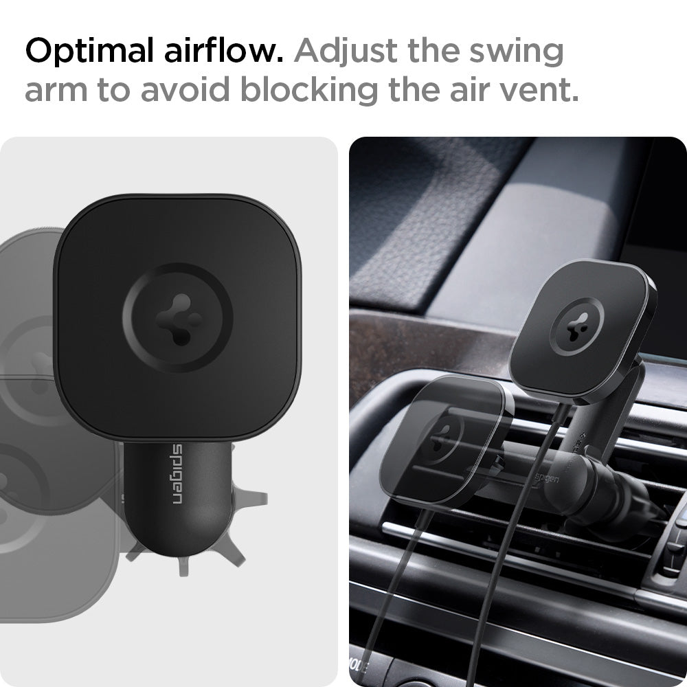 ACP02615 - OneTap Pro Air Vent Car Mount ITS12W (MagFit) showing the Optimal airflow. Adjust the swing arm to avoid blocking the air vent. A car mount showing front and side while attached to a car vent