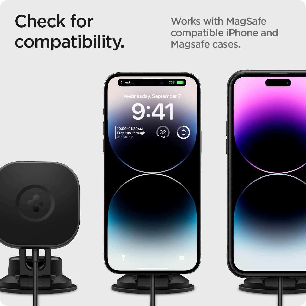 ACP04629 - OneTap Pro 3 Dashboard Car Mount ITS35W-3 (MagFit) in Black showing the Check for compatibility. Works with MagSafe compatible iPhone and Magsafe cases. A car mount and 2 devices attached to a car mount