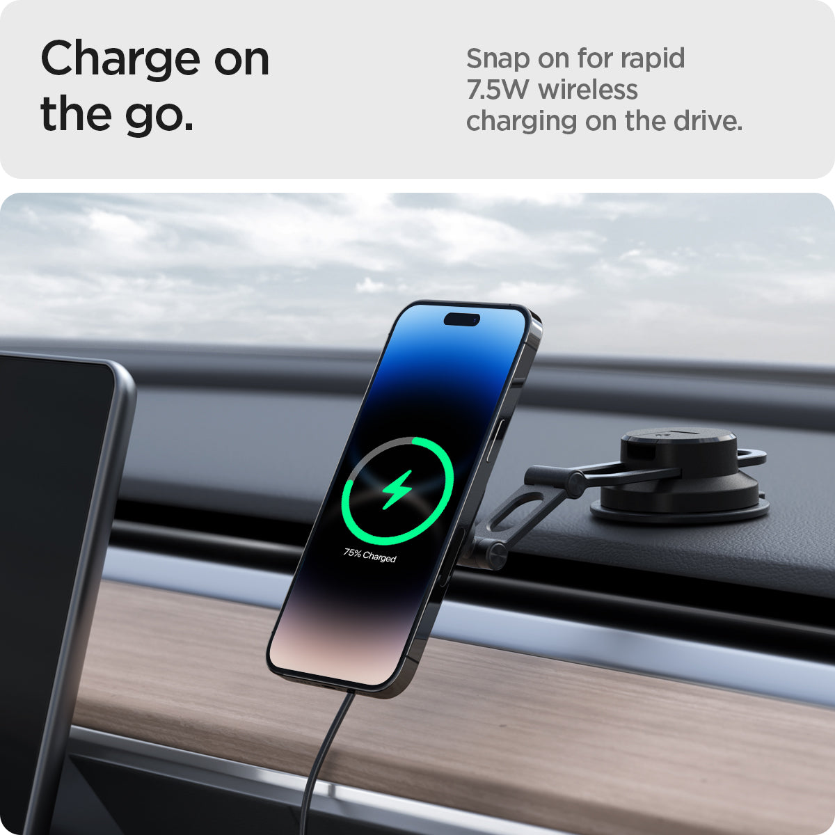 ACP04629 - OneTap Pro 3 Dashboard Car Mount ITS35W-3 (MagFit) in Black showing the Charge on the go. Snap of for rapid 7.5W wireless charging on the drive. A device attached to a car mount