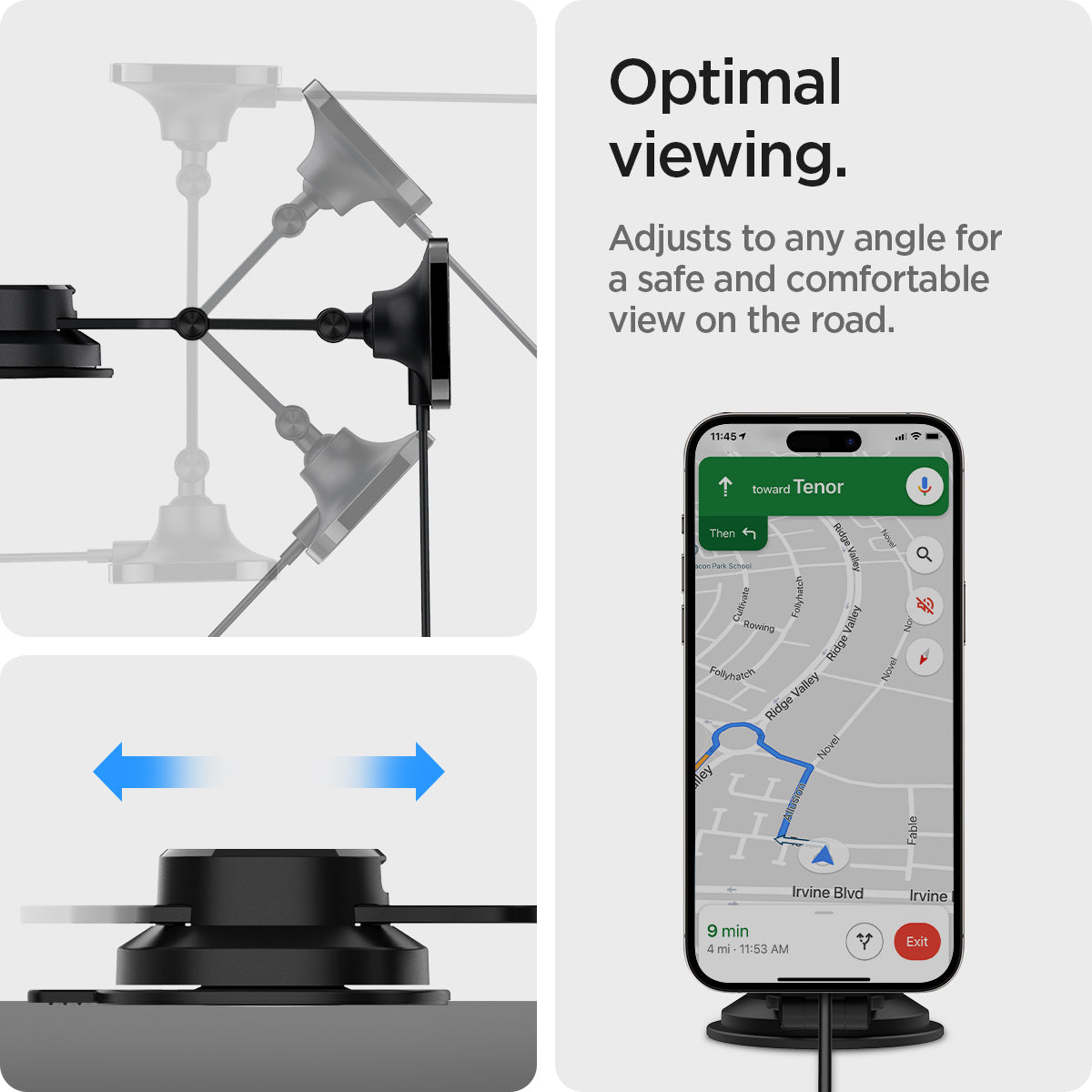 ACP04629 - OneTap Pro 3 Dashboard Car Mount ITS35W-3 (MagFit) in Black showing the Optimal viewing. Adjust to any angle for a safe and comfortable view on the road. A car mount rotating and device attached to a car mount