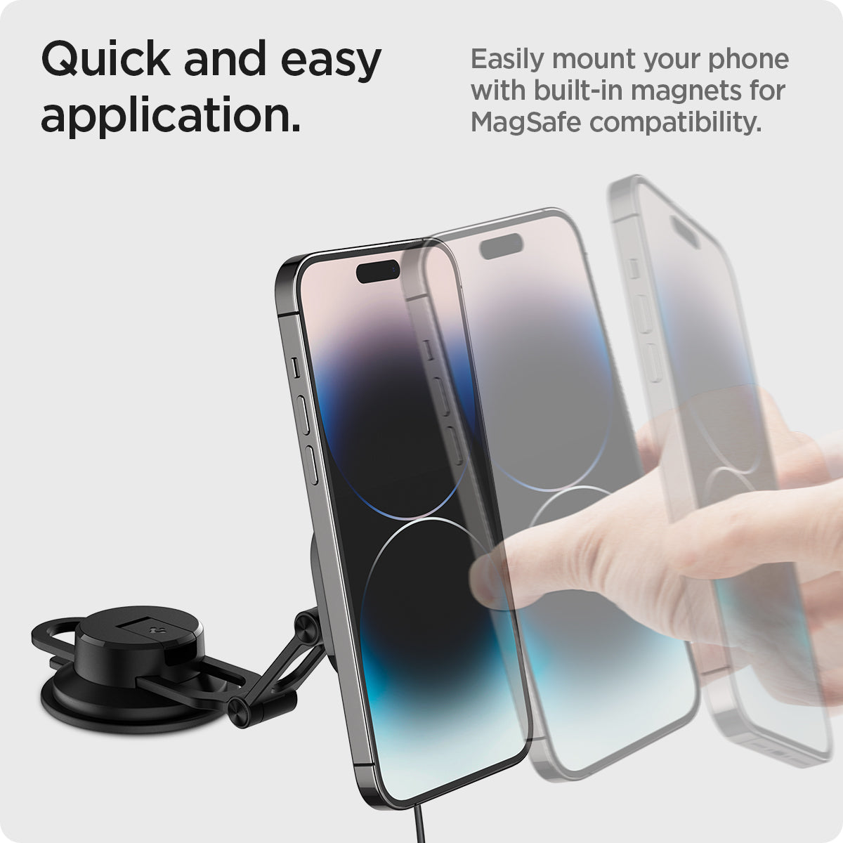ACP04629 - OneTap Pro 3 Dashboard Car Mount ITS35W-3 (MagFit) in Black showing the Quick and easy application. Easily mount your phone with built-in magnets for MagSafe compatibility. A hand holding a device mounting it to a car mount