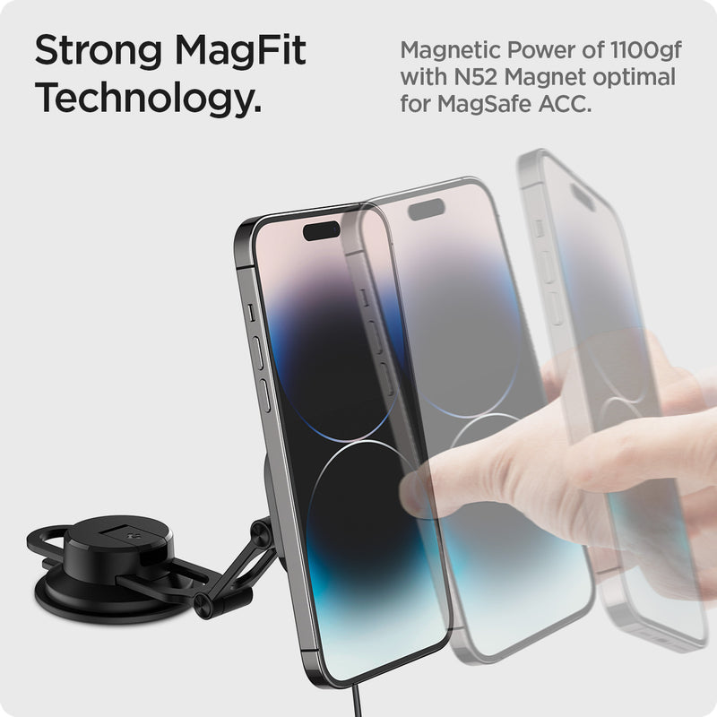 ACP04629 - OneTap Pro 3 Dashboard Car Mount ITS35W-3 (MagFit) in Black showing the Strong MagFit Technology. Magnetic Power of 1100gf with N52 Magnet optimal for MagSafe ACC. A hand holding a device mounting it to a car mount