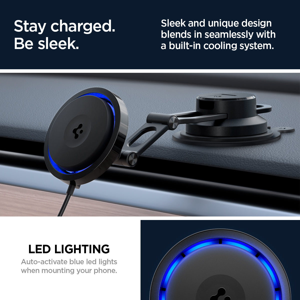 ACP07405 - OneTap Pro 3 CryoMax™ Dashboard Car Mount ITS35WC (MagFit) in Black showing the sleek and unique design blends in seamlessly with a built-in cooling system, LED lighting, auto-activate blue led lights when mounting your phone