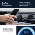 ACP07405 - OneTap Pro 3 CryoMax™ Dashboard Car Mount ITS35WC (MagFit) in Black showing the onetap technology, securely hold iphones of all sizes with quick and precise mounting, onetap tech, tap into charger for 30% faster magnetic charging