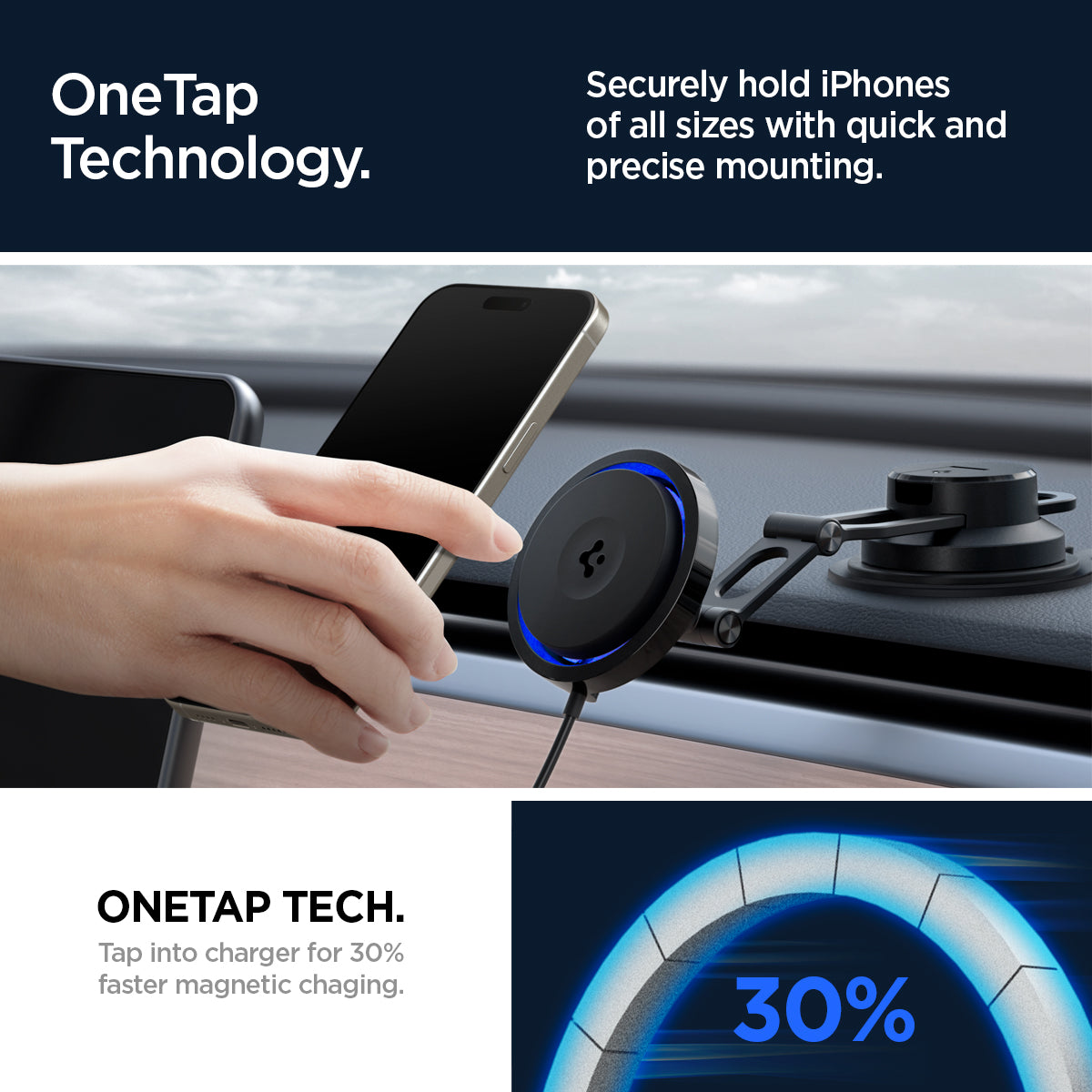 ACP07405 - OneTap Pro 3 CryoMax™ Dashboard Car Mount ITS35WC (MagFit) in Black showing the onetap technology, securely hold iphones of all sizes with quick and precise mounting, onetap tech, tap into charger for 30% faster magnetic charging