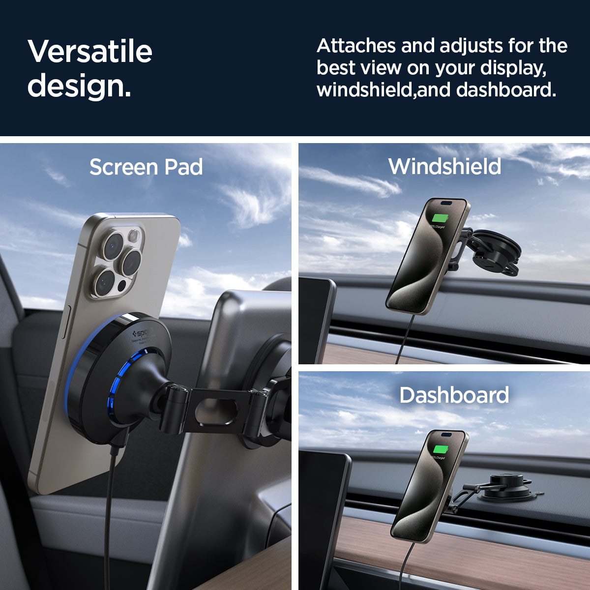 ACP07405 - OneTap Pro 3 CryoMax™ Dashboard Car Mount ITS35WC (MagFit) in Black showing the versatile design, attaches and adjusts for the best view on your display windshield, and dashboard