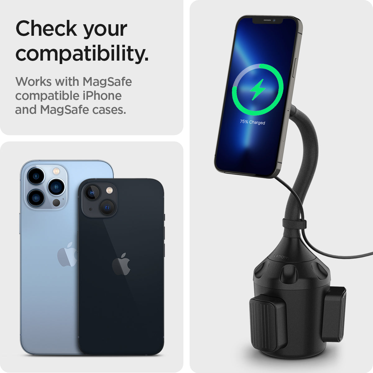 ACP03810 - OneTap Pro Cup Holder Car Mount ITS68W (MagFit) in Black showing the Check your compatibility. Works with Magsafe compatible iPhone and MagSafe cases. 2 devices and a device attached to a cup holder car mount