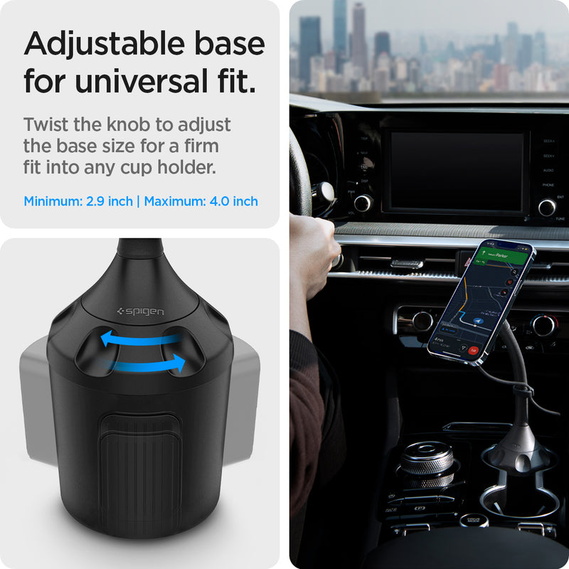 ACP03810 - OneTap Pro Cup Holder Car Mount ITS68W (MagFit) in Black showing the Adjustable base for universal fit. Twist the knob to adjust the base size for a firm fit into any cup holder. min: 2.9 inch and max: 4.0 inch