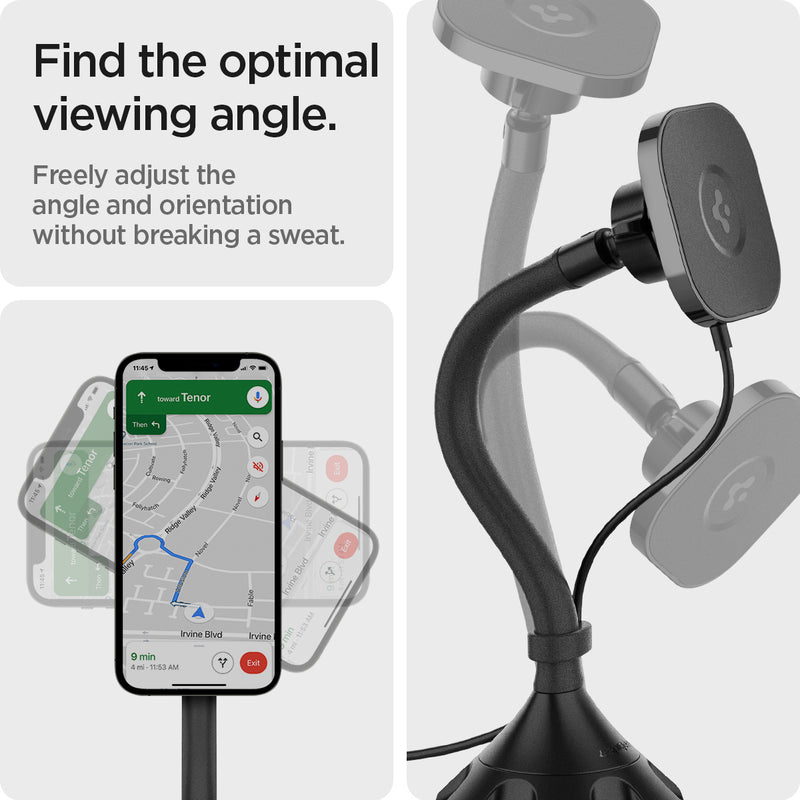ACP03810 - OneTap Pro Cup Holder Car Mount ITS68W (MagFit) in Black showing the Find the optima viewing angle. Freely adjust the angle and orientation without breaking a sweat. A device and a cup car mount in rotating motion