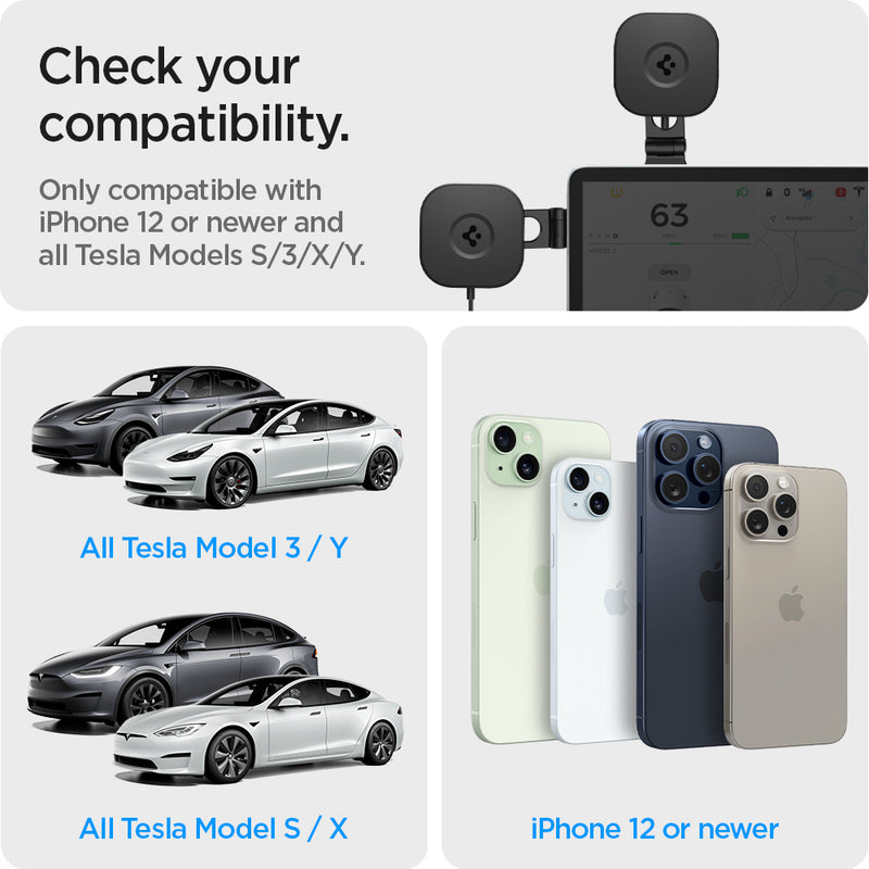 ACP06860 - Tesla Models - OneTap Pro Screen Car Mount ITT90W-3 (MagFit) in Black showing the Check your compatibility. Only compatible with iPhone 12 or newer and all Tesla Models.