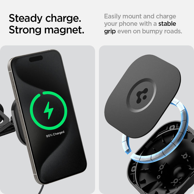 ACP06860 - Tesla Models - OneTap Pro Screen Car Mount ITT90W-3 (MagFit) in Black showing the Steady charge. Strong magnet. Easily mount and charge your phone with a stable grip even on bumpy roads. A device almost fully charged and a car mount parts detached 