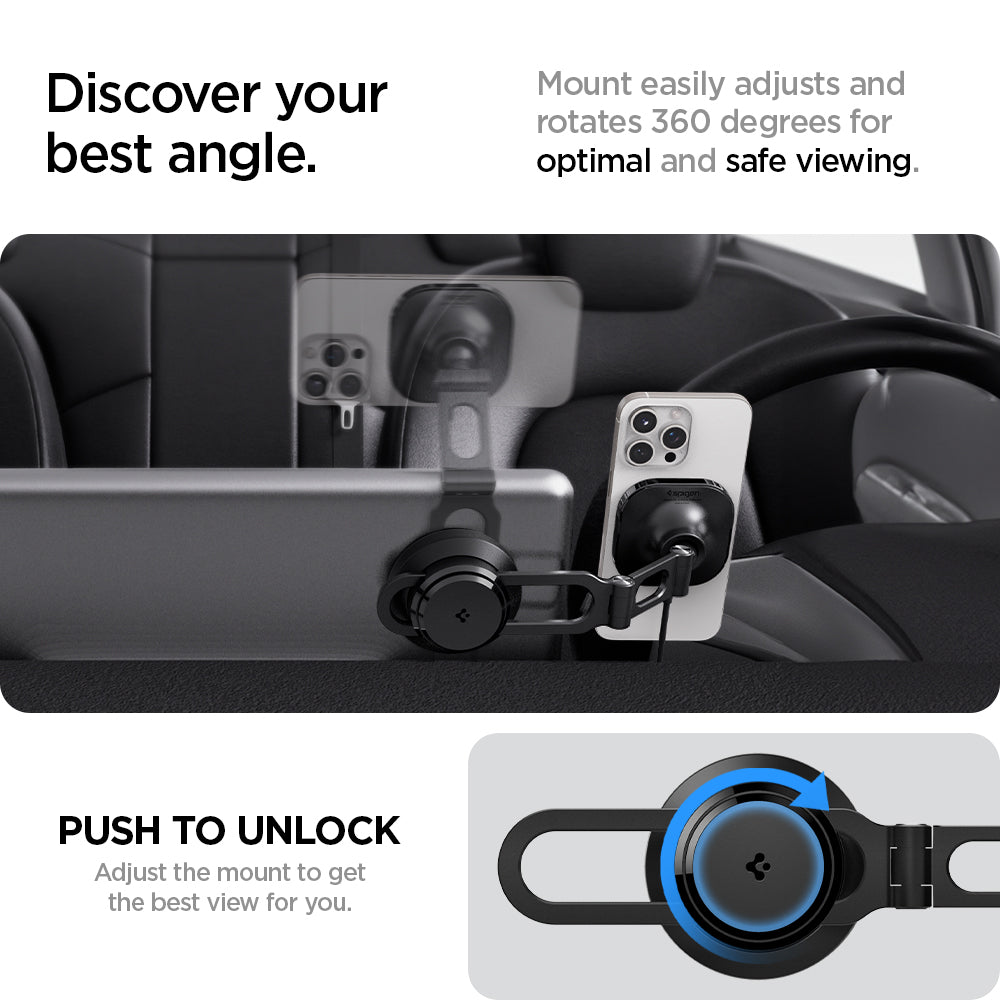 ACP06860 - Tesla Models - OneTap Pro Screen Car Mount ITT90W-3 (MagFit) in Black showing the Discover your best angle. Mount easily adjusts and rotates 360 degrees for optimal and safe viewing. Push to Unlock. Adjust the mount for best viewing.