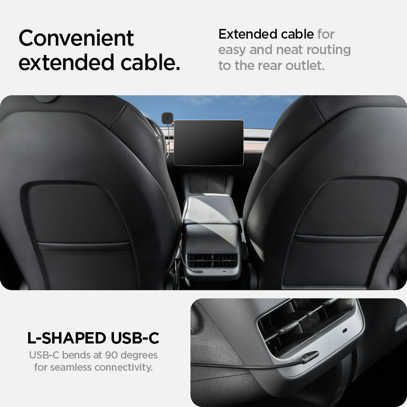 ACP06860 - Tesla Models - OneTap Pro Screen Car Mount ITT90W-3 (MagFit) in Black showing the Convenient extended cable. Extended cable for easy and neat routing to the rear outlet. L-Shaped USB-C bends at 90 degrees for seamless connectivity