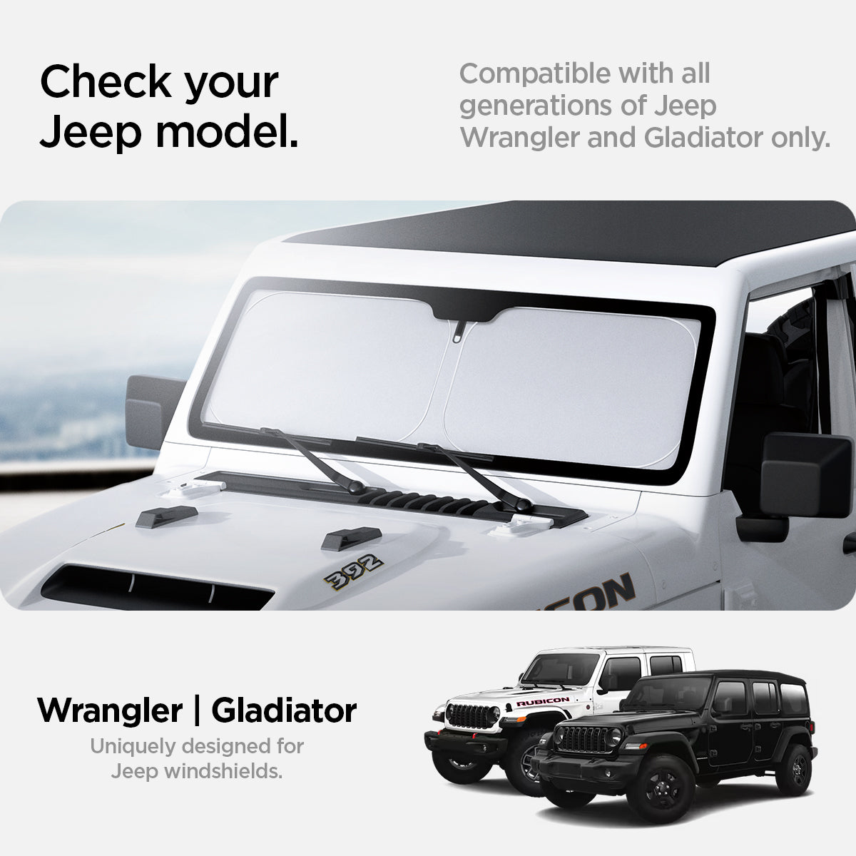 ACP09110 - Wrangler (2024) CryoShade JO260 in Black showing the compatibility. Compatible with all generations of Jeep Wrangler and Gladiator only. Uniquely designed for Jeep windshields