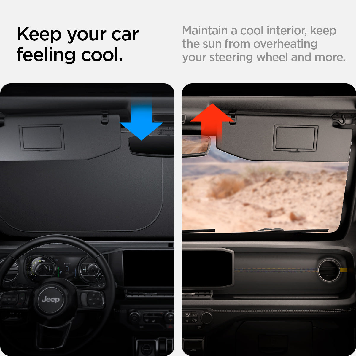 ACP09110 - Wrangler (2024) CryoShade JO260 in Black showing how it keeps your car feeling cool. Maintain a cool interior, keep the sun from overheating your steering wheel and more