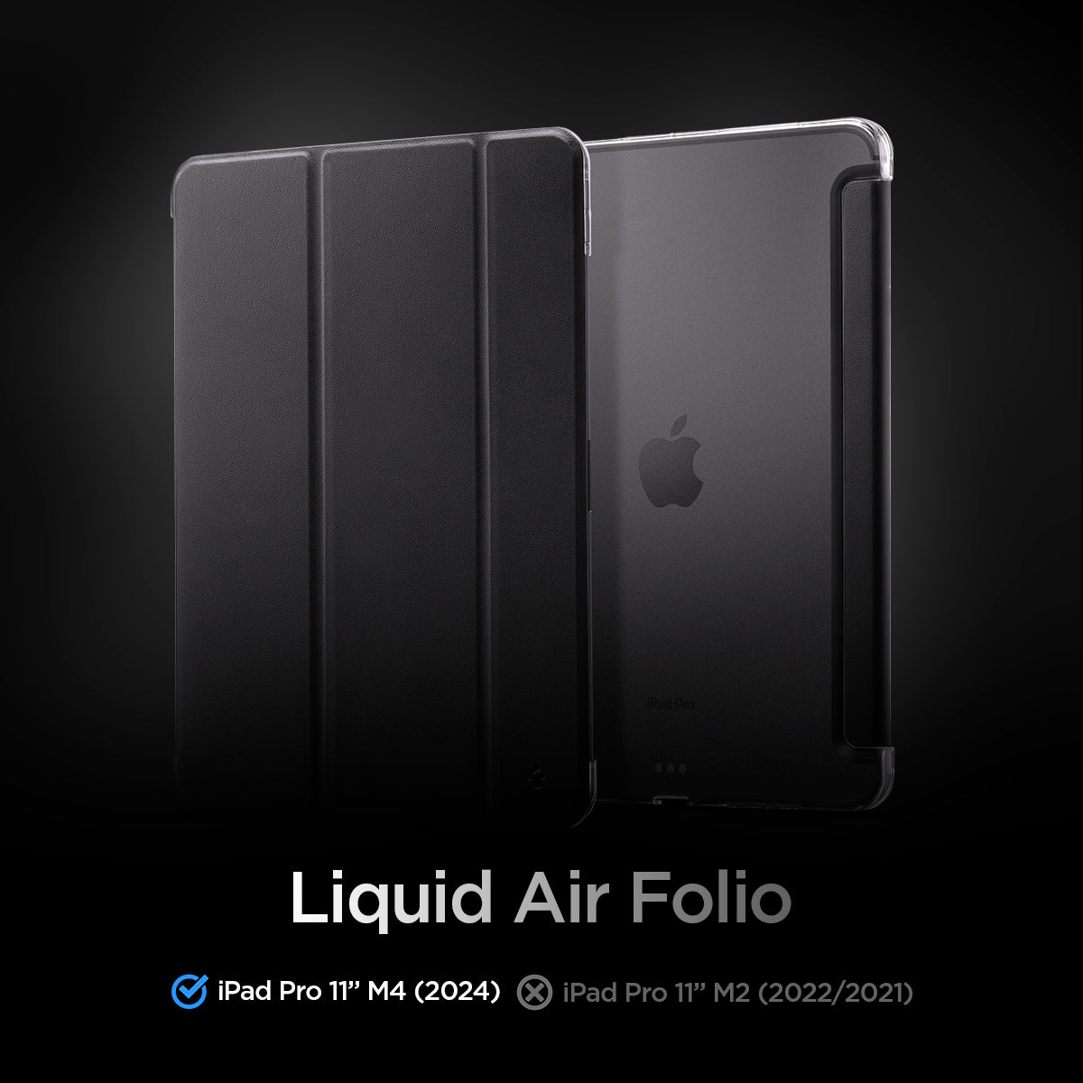 ACS09440 - iPad Pro 11-inch (2024) Case Liquid Air Folio in Black showing the compatibility only with iPad Pro 11" M4 (2024). Not compatible with iPad Pro 11" M2 (2022/2021)