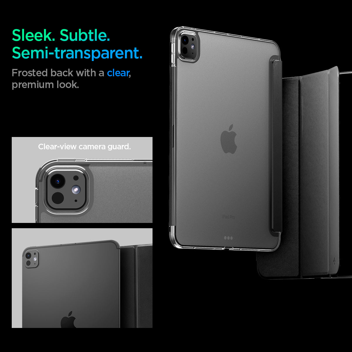 ACS09440 - iPad Pro 11-inch (2024) Case Liquid Air Folio in Black showing the sleek, subtle and semi-transparent frosted back with a clear, premium look. Clear-view camera guard