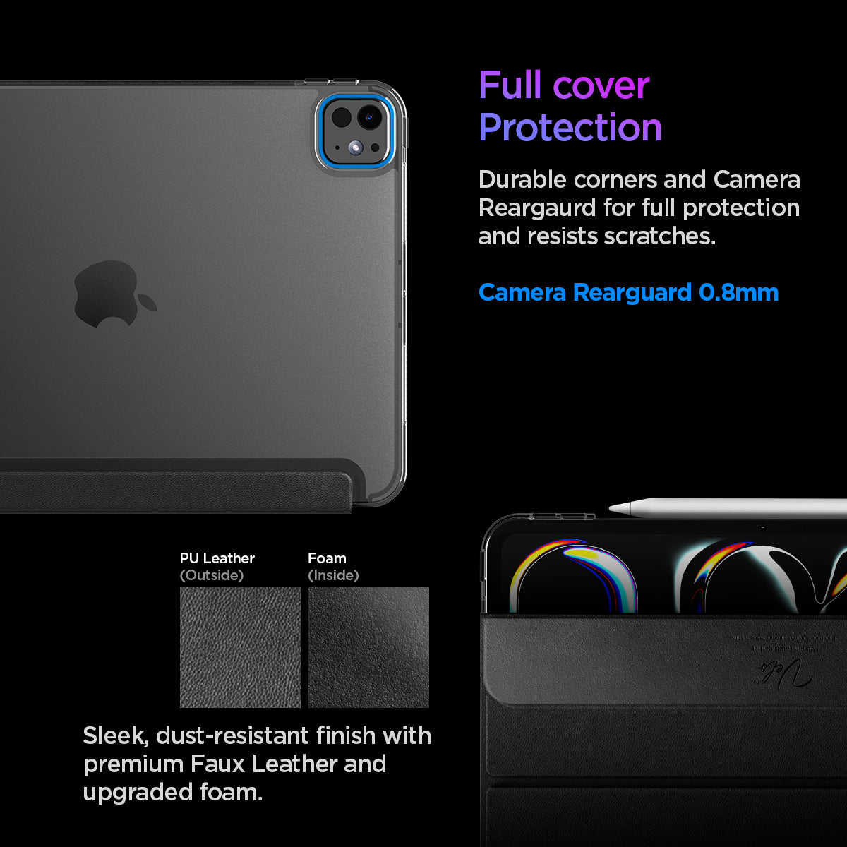 ACS09440 - iPad Pro 11-inch (2024) Case Liquid Air Folio in Black showing the full cover protection. Durable corners and camera rearguard for full protection and resists scratches. Camera Rearguard 0.8mm. Sleek, dust-resistant finish with premium Faux Leather and upgraded foam