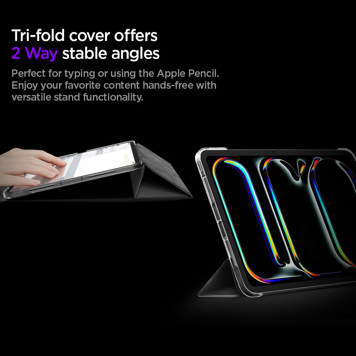 ACS09440 - iPad Pro 11-inch (2024) Case Liquid Air Folio in Black showing the tri-fold cover offers 2 way stable angles. Perfect for typing or using the Apple Pencil. Enjoy your favorite content hands-free with versatile stand functionality.