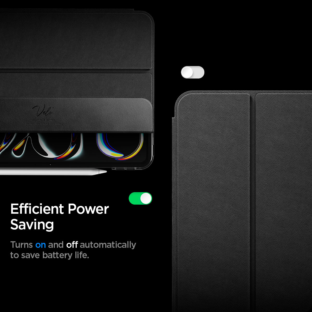 ACS09440 - iPad Pro 11-inch (2024) Case Liquid Air Folio in Black showing the efficient power saving. Turns on and off automatically to save battery life