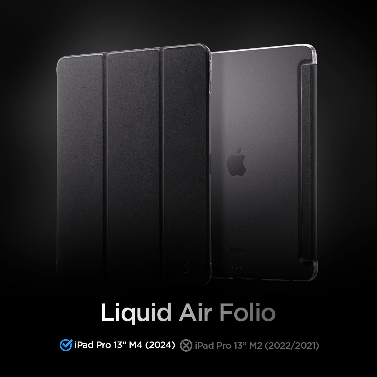 ACS09439 - iPad Pro 13-inch (2024) Case Liquid Air Folio in Black showing the compatibility only with iPad Pro 13" M4 (2024). Not compatible with iPad Pro 13" M2 (2022/2021)