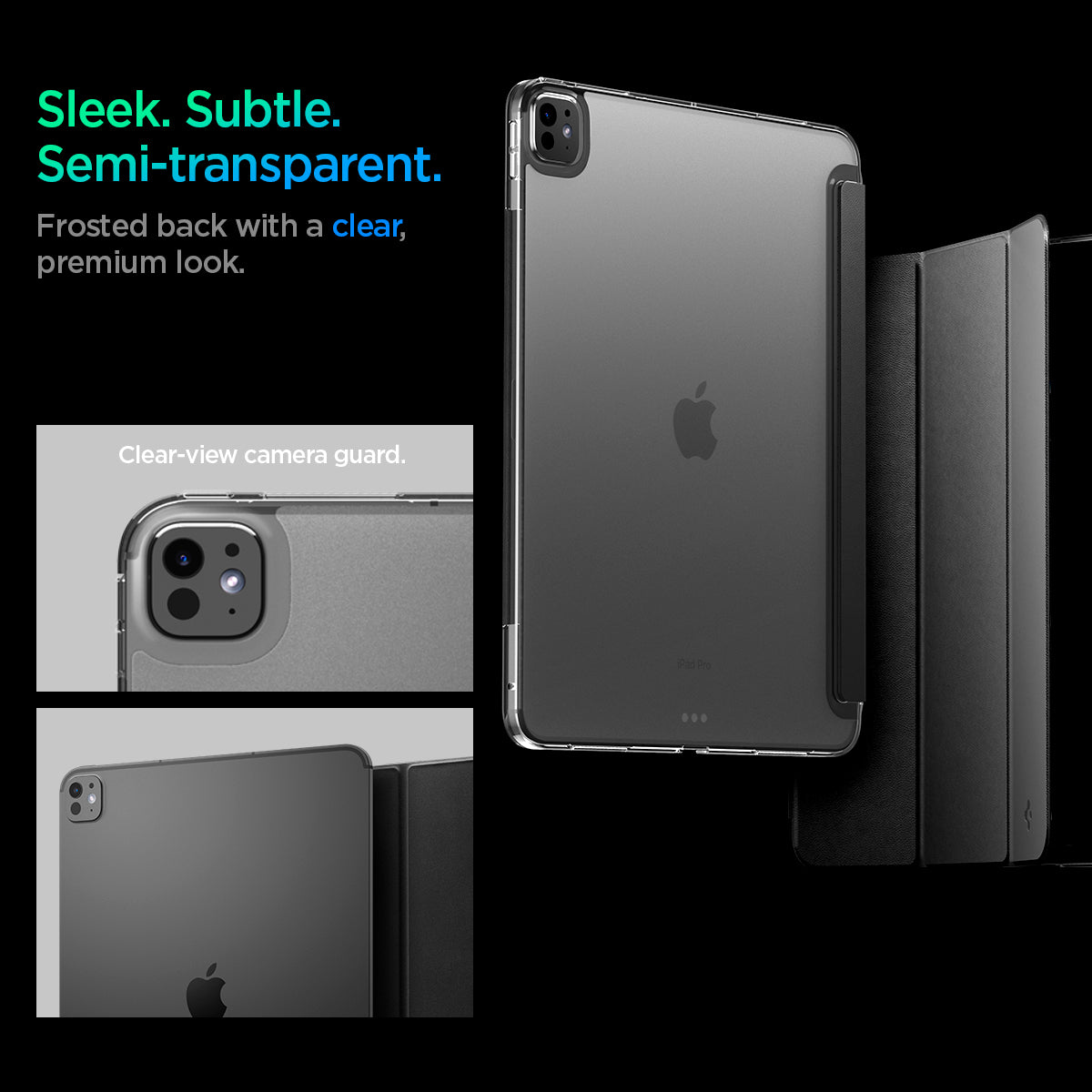 ACS09439 - iPad Pro 13-inch (2024) Case Liquid Air Folio in Black showing the sleek, subtle and semi-transparent frosted back with a clear, premium look. Clear-view camera guard