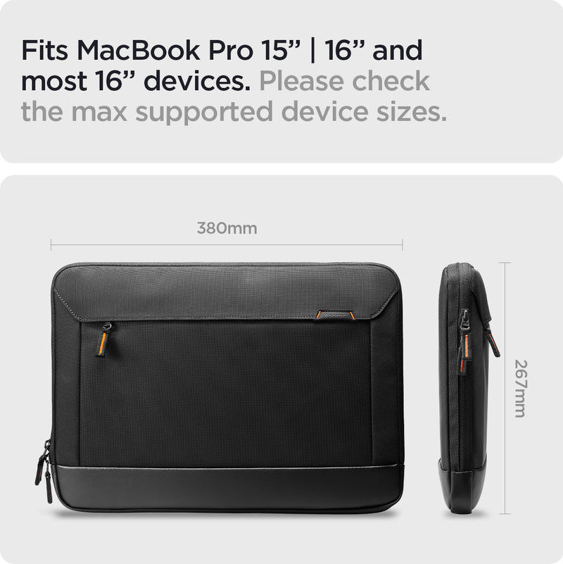 AFA05938 - KD100 16" Case Klasdan Laptop Pouch in black showing the compatibility. Fits Macbook Pro 15 + 16" and most 16" devices. Please check the max supported device sizes