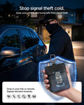 AFA03754 - Person using a signal relay device near a car door, next to a hand holding the Klasden RFID pouch with key fob inside.