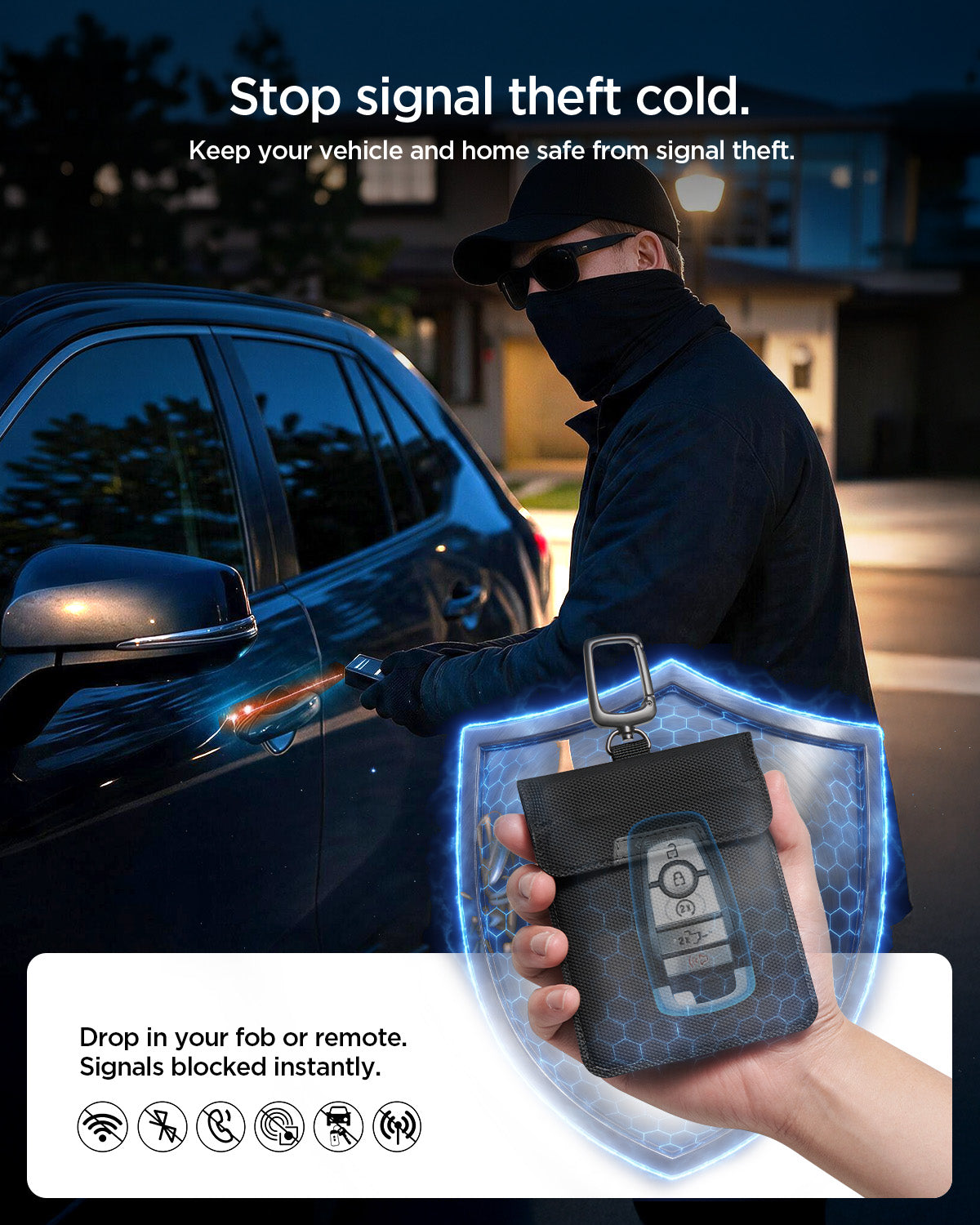 AFA03754 - Person using a signal relay device near a car door, next to a hand holding the Klasden RFID pouch with key fob inside.