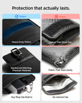AFA03754 - Comparison of pouch build quality: heavy-duty velcro, reinforced stitching, and key ring clip vs. worn velcro and torn fabric.