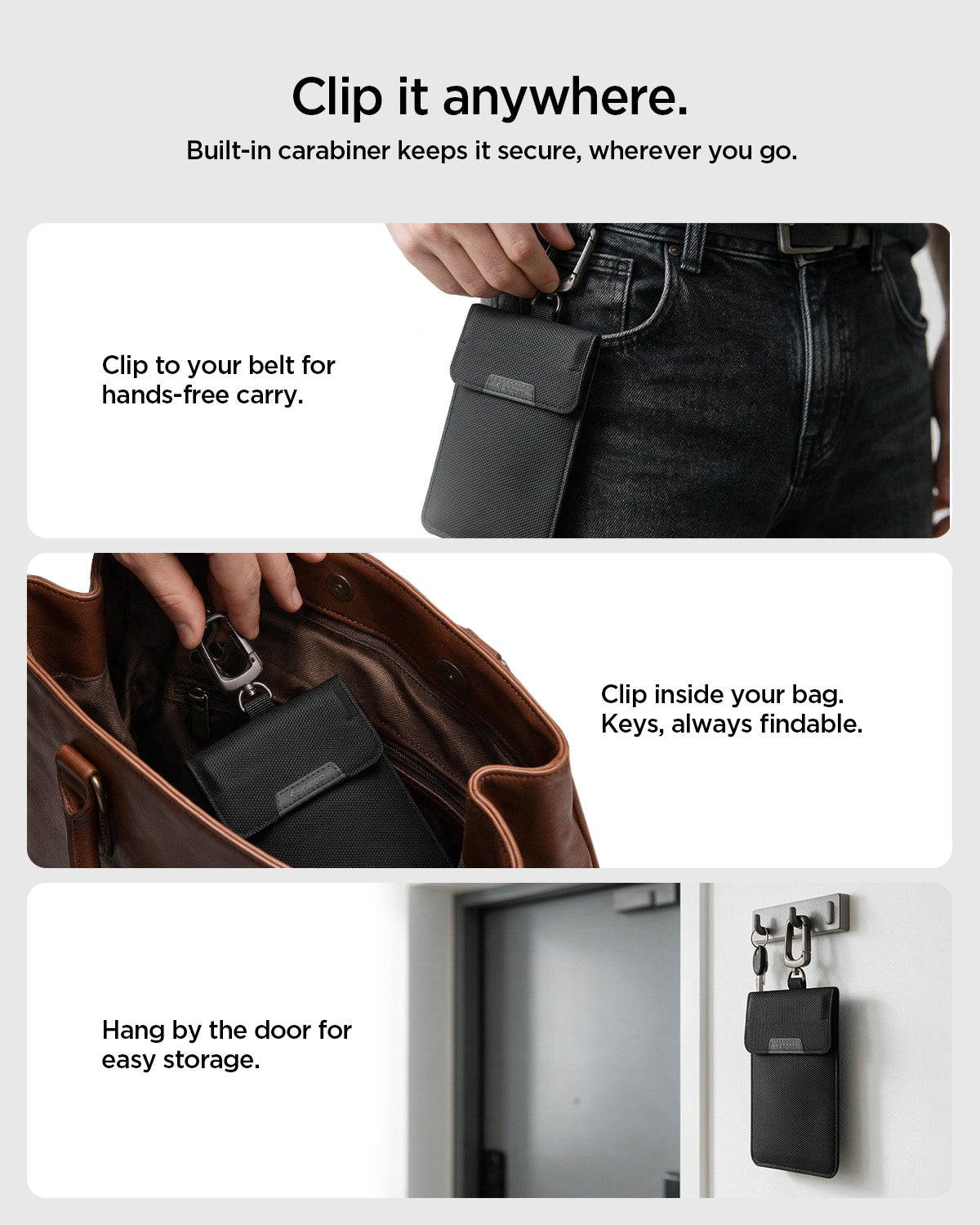 AFA03754 - Pouch's carabiner clipped to a belt, inside a bag, and hanging by a door.