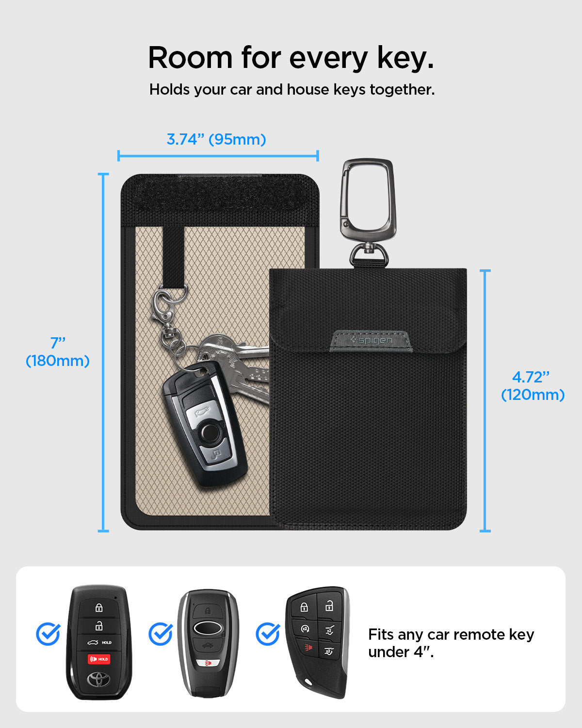 AFA03754 - Pouch dimensions with a car key fob and house keys, showing fit for remote keys under 4".