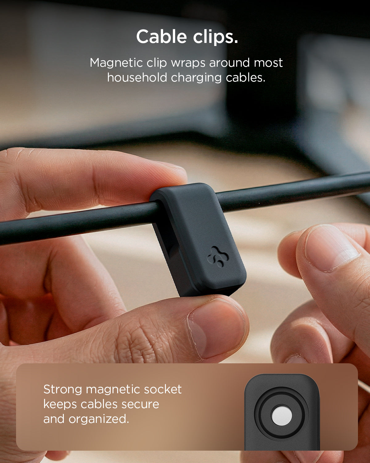 APP11145 - Magnetic Cable Holder | LD103 showing cable clips. magnetic clip wraps around most household charging cables