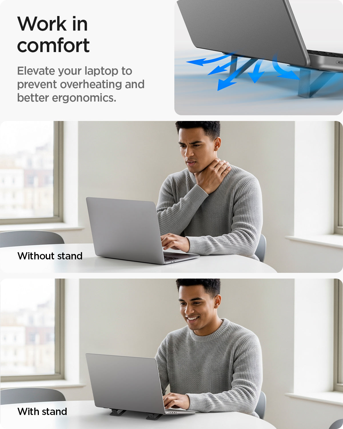 AMP10402 - Slim Fold Laptop Stand | LD201-S2 showing work in comfort. Reduce neck strain