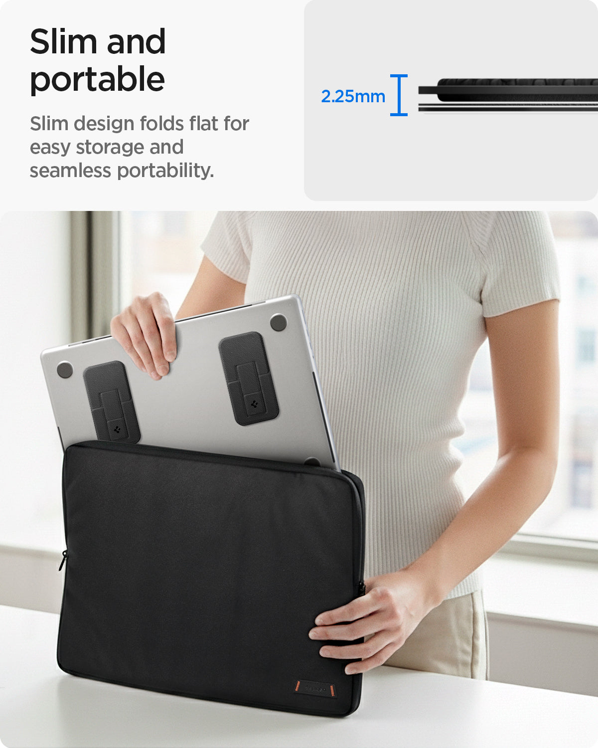 AMP10402 - Slim Fold Laptop Stand | LD201-S2 showing slim and portable feature of the stand