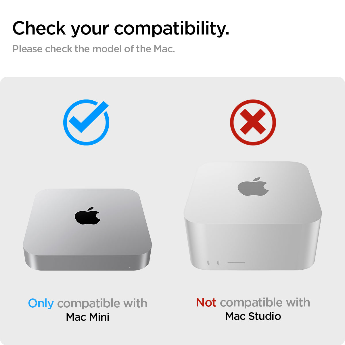 AMP06150 - Apple Mac Mini Stand in crystal clear showing the compatibility. Only compatible with Mac Mini and Not compatible with Mac Studio