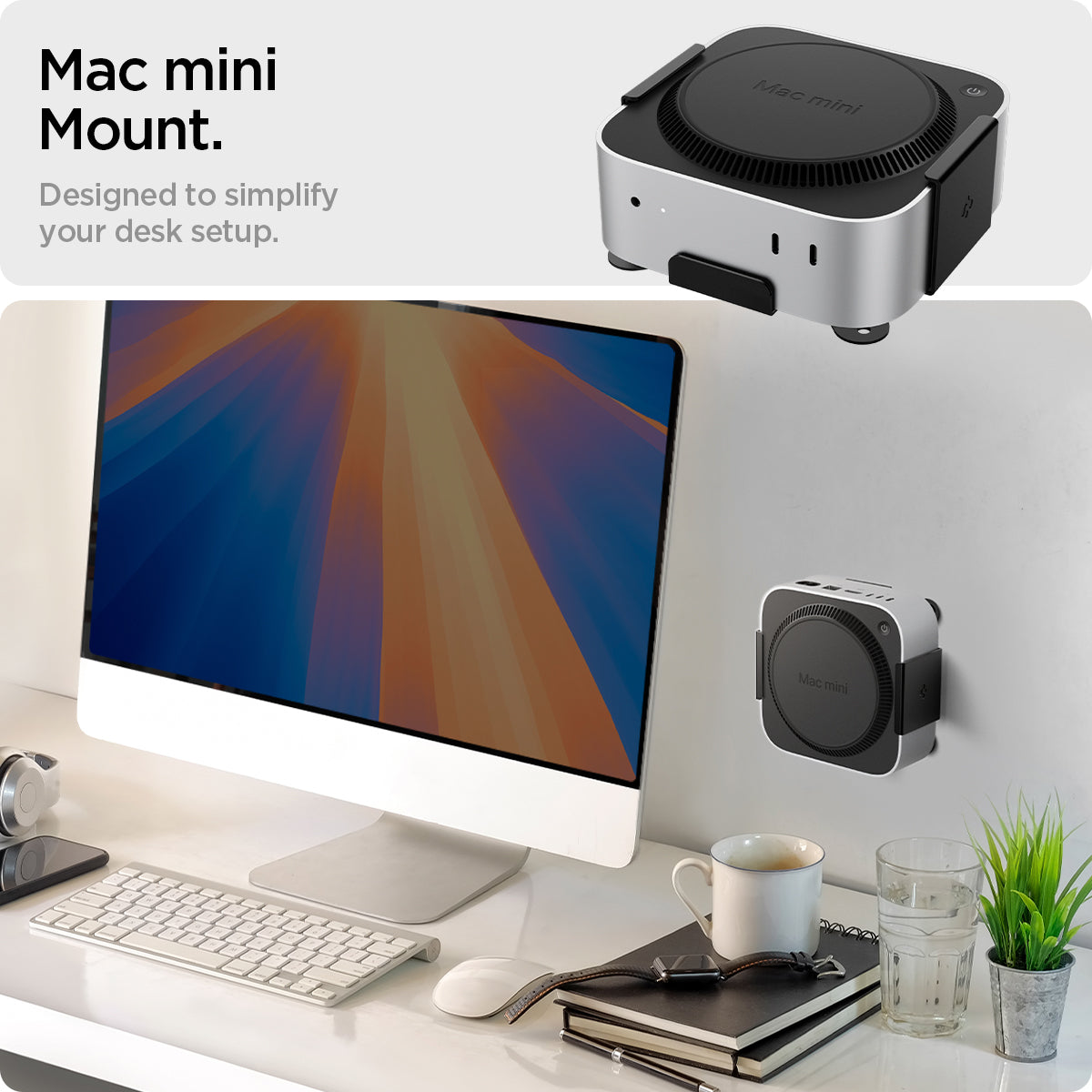 AMP09226 - Mac Mini Mount LD205 in Charcoal Gray showing the mac mini mount. Designed to simplify your desk setup