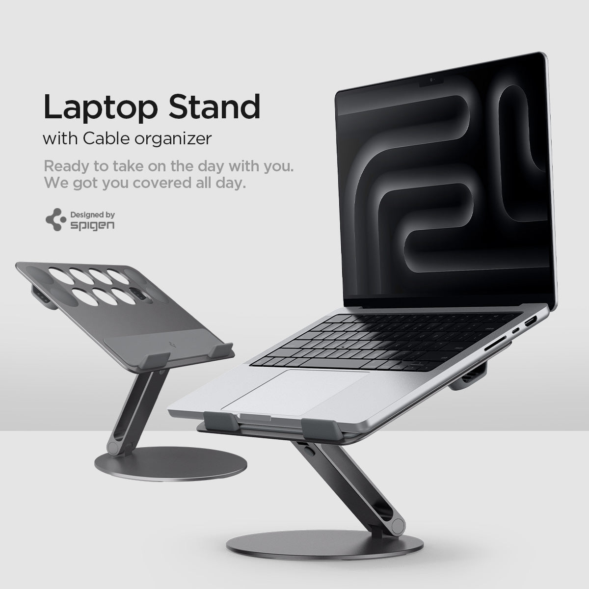 AMP09303 - Laptop Stand | LD206C in Space Gray showing the laptop stand with cable organizer. Ready to take on the day with you. We got you covered all day