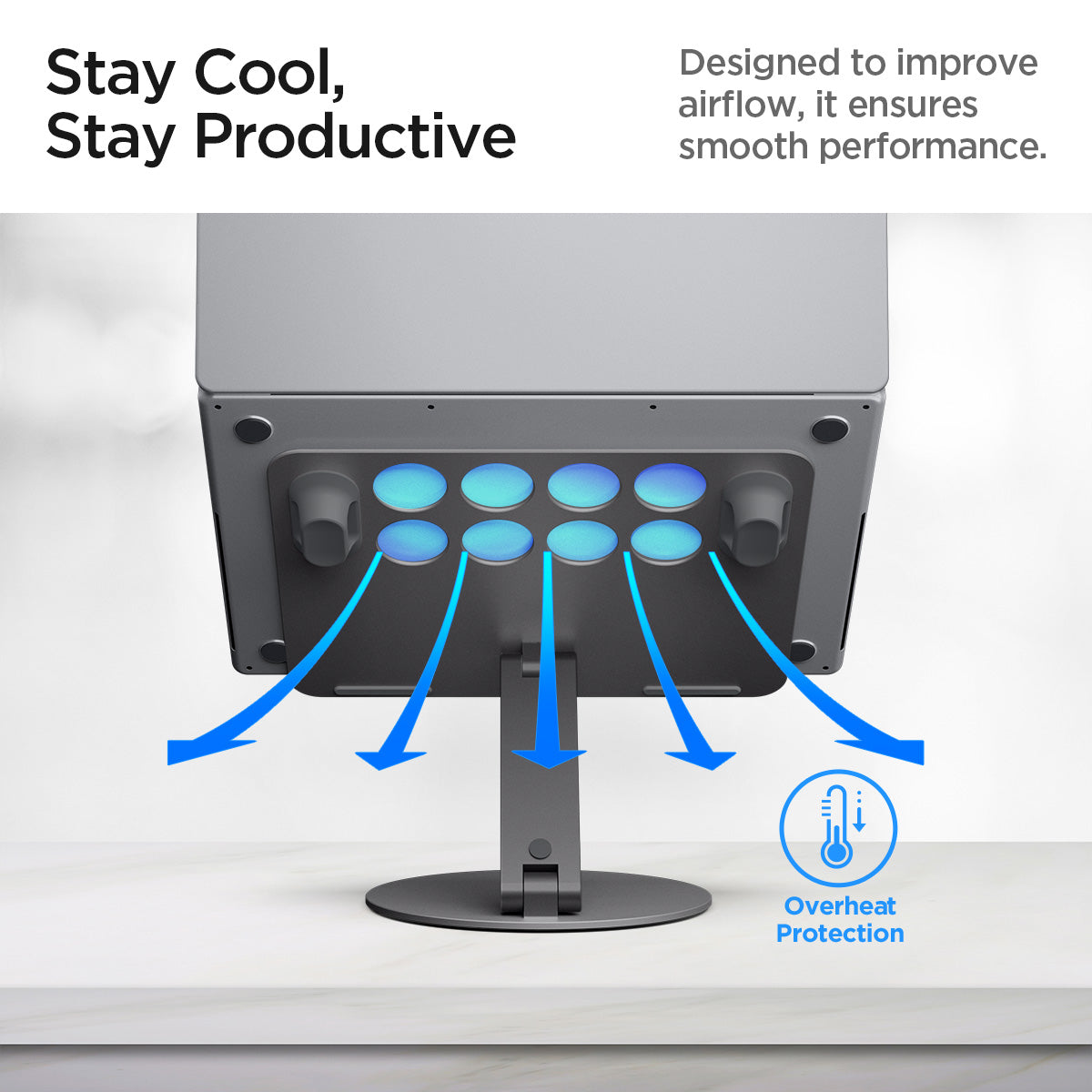 AMP09303 - Laptop Stand | LD206C in Space Gray showing the stay cool, stay productive. Designed to improve airflow, it ensures smooth performance